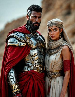 The primary subject of the image is a man and a woman standing together, with the man wearing a suit of armor and the woman wearing a white dress. They are posing for a picture, and the man is holding the woman in his arms. The setting appears to be a rocky outdoor environment, and the visual style is a combination of photo and digital art. The colors in the image are predominantly earth tones, giving the scene a natural and dramatic atmosphere.